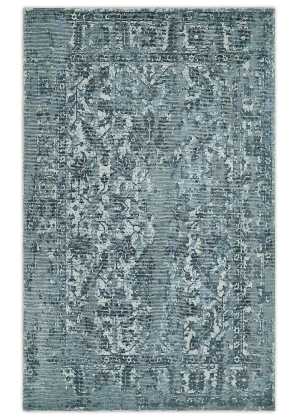 Modern Abstract Gray, Blue, Charcoal and Ivory 5x8 Hand loom wool and Viscose Area Rug