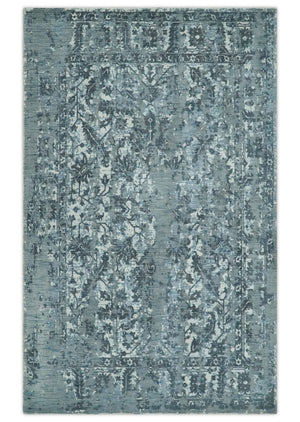 Modern Abstract Gray, Blue, Charcoal and Ivory 5x8 Hand loom wool and Viscose Area Rug