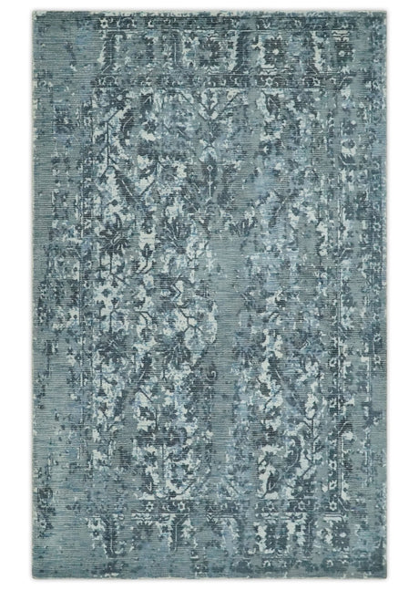 Modern Abstract Gray, Blue, Charcoal and Ivory 5x8 Hand loom wool and Viscose Area Rug