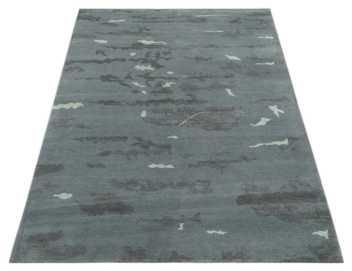 Modern Abstract Gray, Charcoal and Ivory Hand knotted 5x7 wool and Art Silk Area Rug