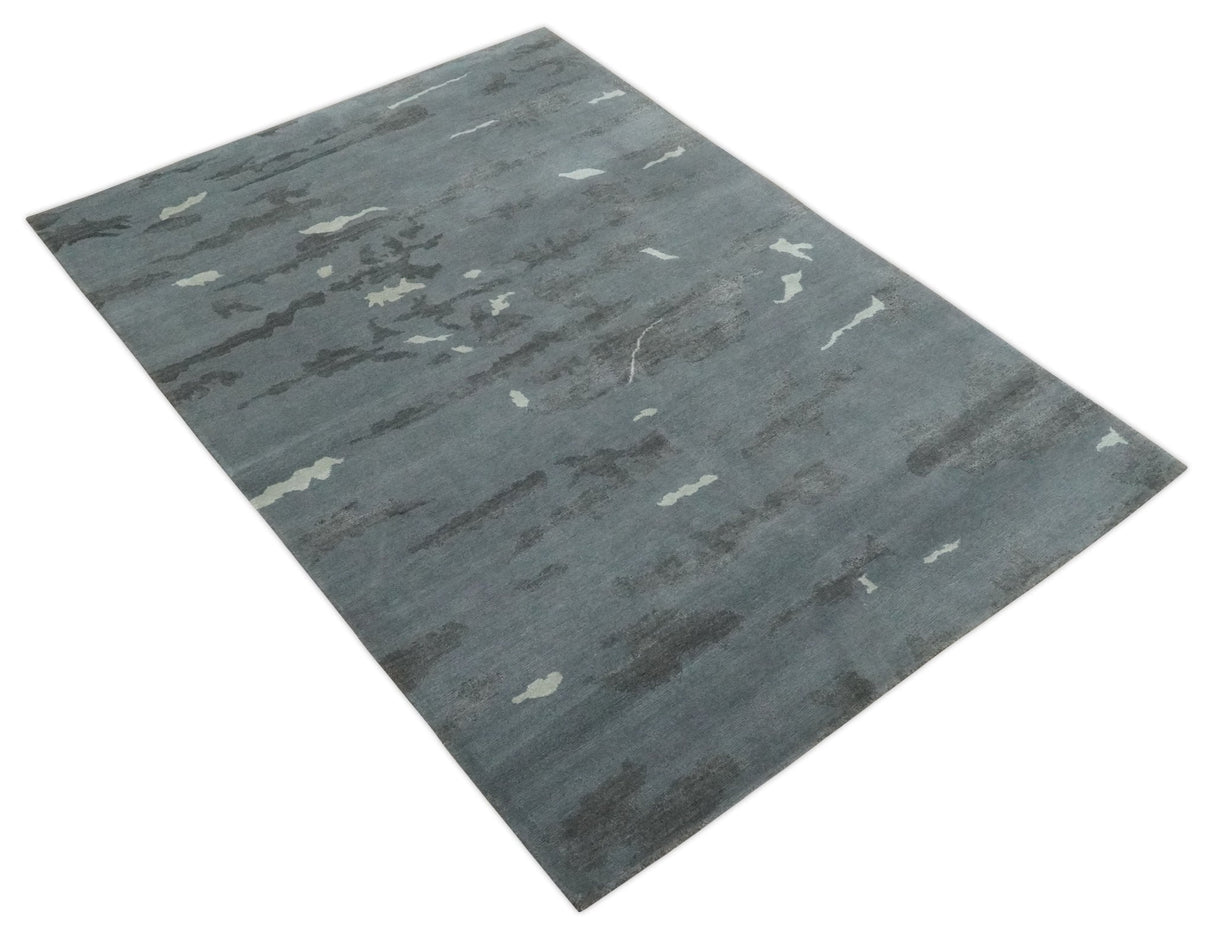 Modern Abstract Gray, Charcoal and Ivory Hand knotted 5x7 wool and Art Silk Area Rug