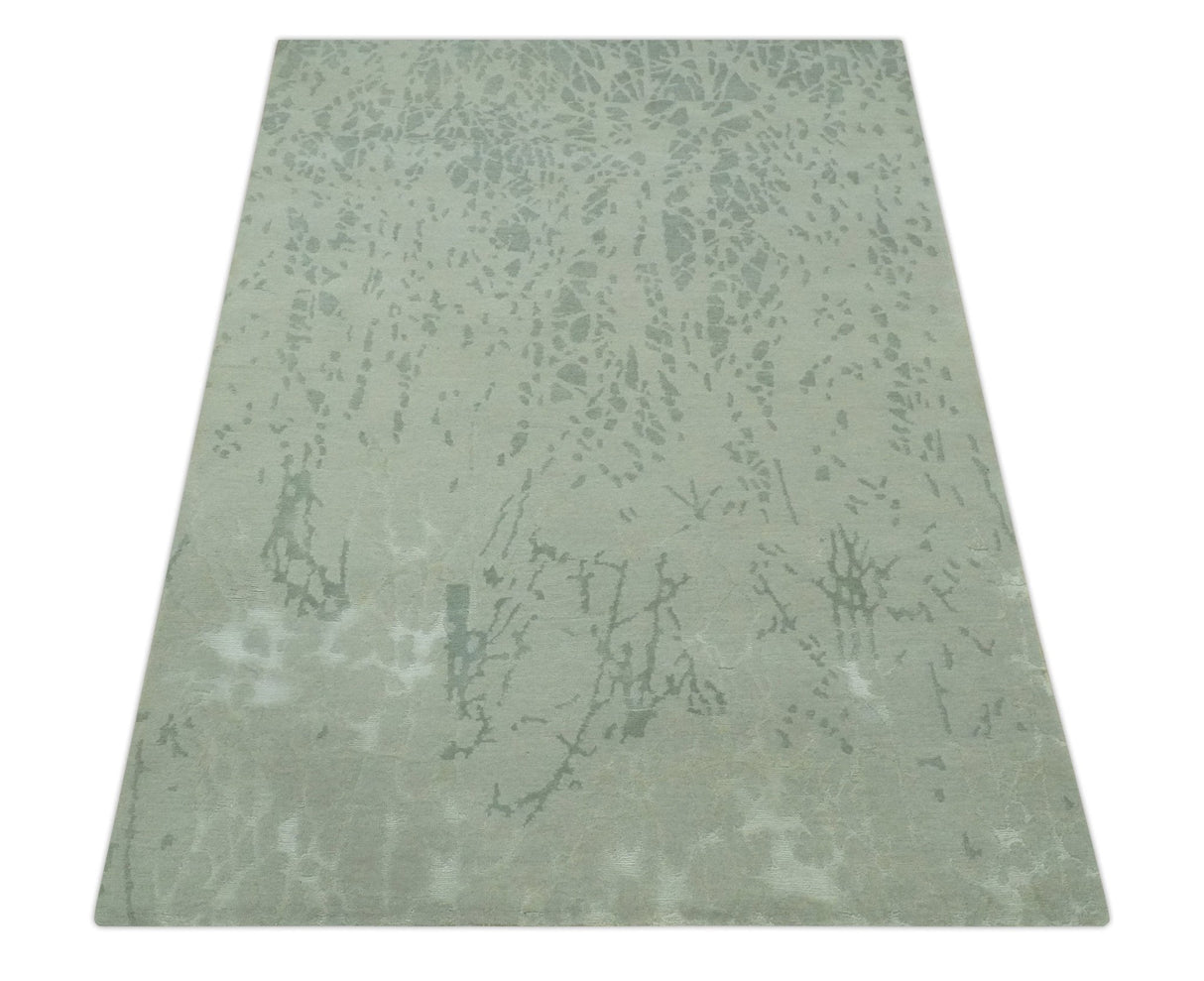 Modern Abstract Gray, Green and Silver Hand loom 4.6x6.6 wool and Art Silk Area Rug