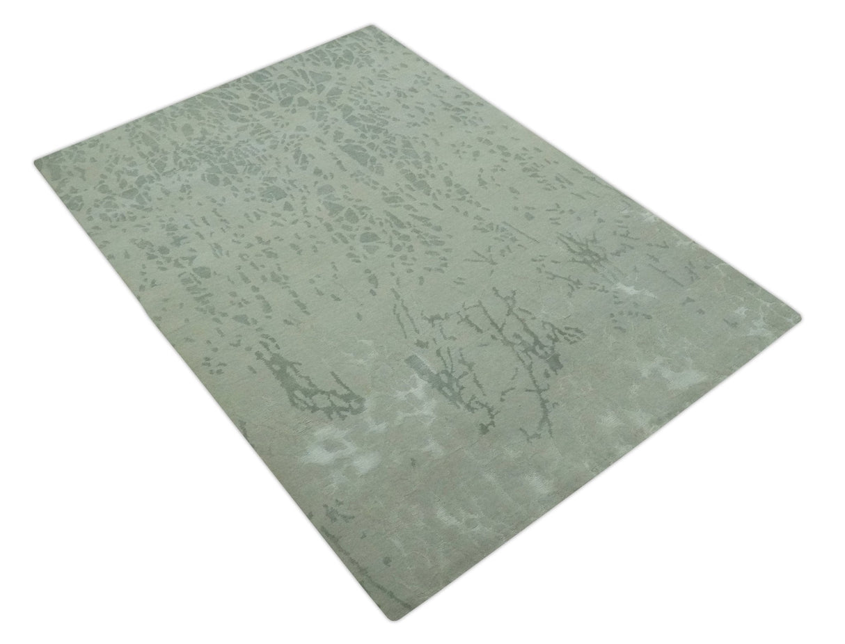 Modern Abstract Gray, Green and Silver Hand loom 4.6x6.6 wool and Art Silk Area Rug