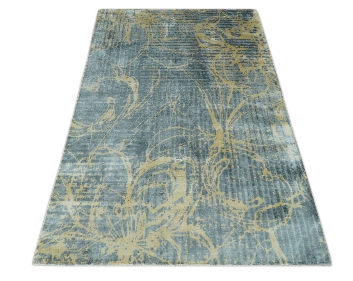Modern Abstract Gray, Olive and Beige 5x8 Hand loom Viscose Area Rug