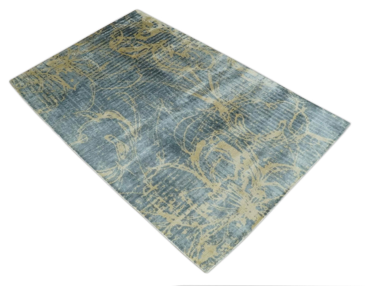 Modern Abstract Gray, Olive and Beige 5x8 Hand loom Viscose Area Rug