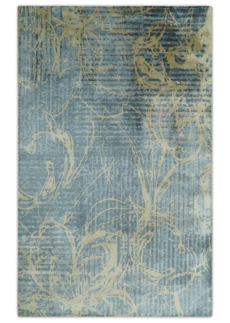 Modern Abstract Gray, Olive and Beige 5x8 Hand loom Viscose Area Rug