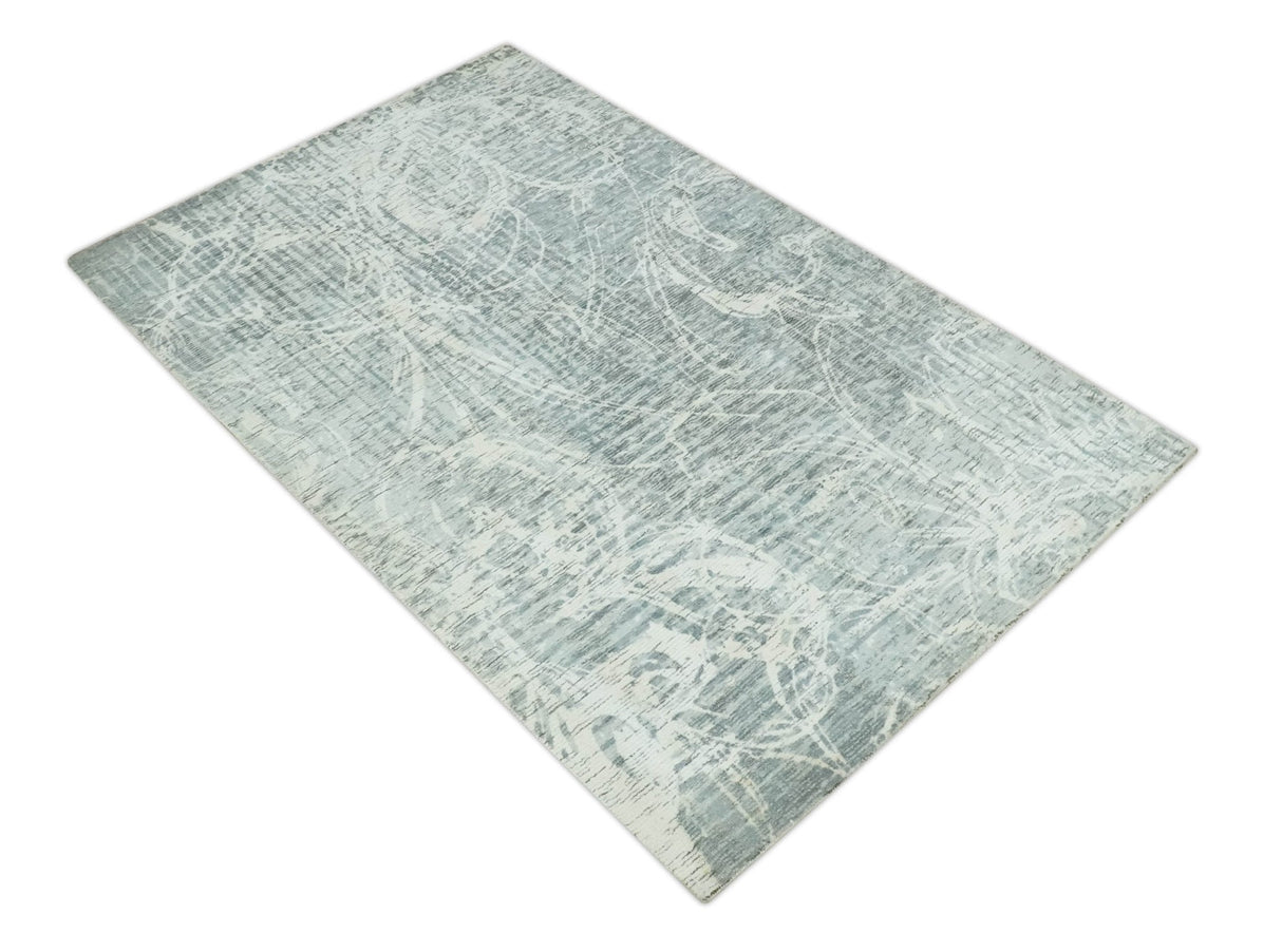 Modern Abstract Gray and Ivory 5x8 Hand loom wool and Viscose Area Rug