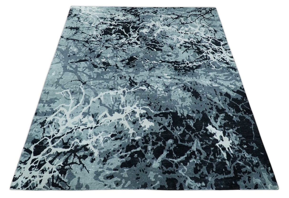 Modern Abstract Hand Knotted 8x10 Ivory, Gray, Charcoal and Black Wool and Blended Silk Area Rug