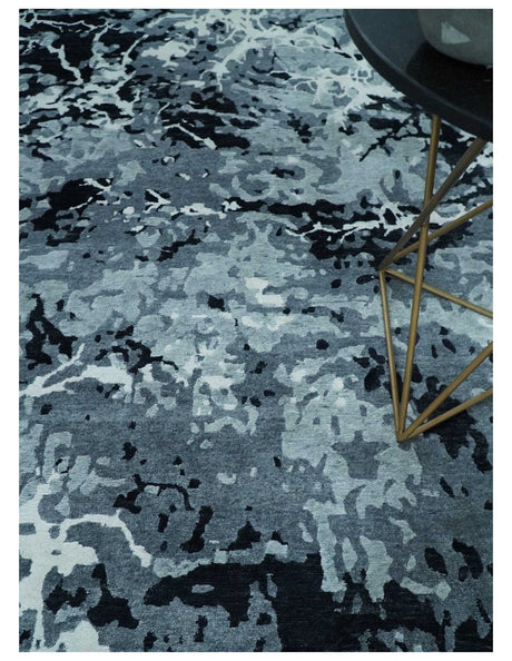 Modern Abstract Hand Knotted 8x10 Ivory, Gray, Charcoal and Black Wool and Blended Silk Area Rug