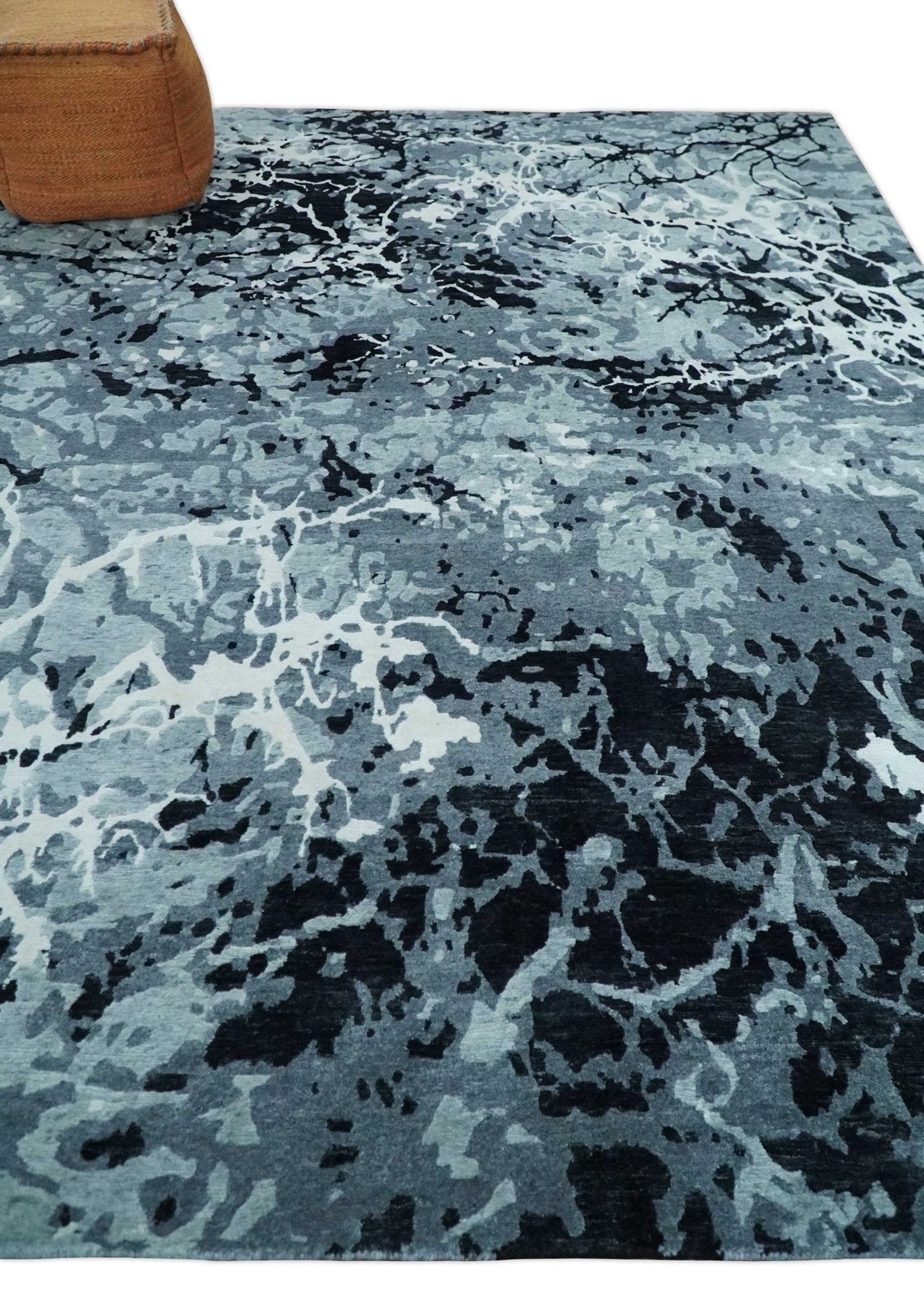 Modern Abstract Hand Knotted 8x10 Ivory, Gray, Charcoal and Black Wool and Blended Silk Area Rug