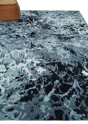 Modern Abstract Hand Knotted 8x10 Ivory, Gray, Charcoal and Black Wool and Blended Silk Area Rug