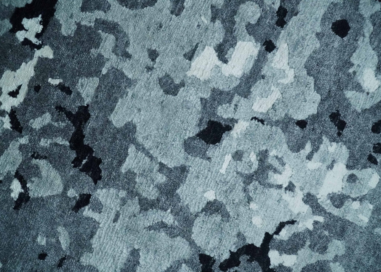 Modern Abstract Hand Knotted 8x10 Ivory, Gray, Charcoal and Black Wool and Blended Silk Area Rug
