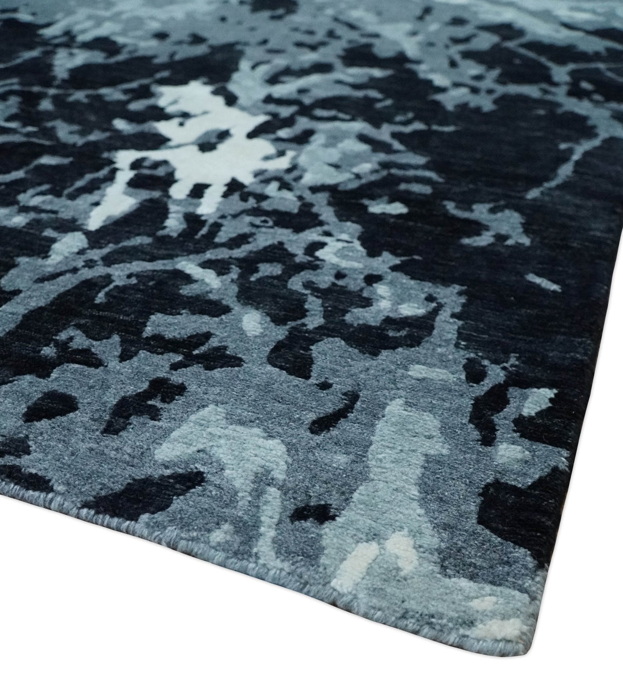 Modern Abstract Hand Knotted 8x10 Ivory, Gray, Charcoal and Black Wool and Blended Silk Area Rug