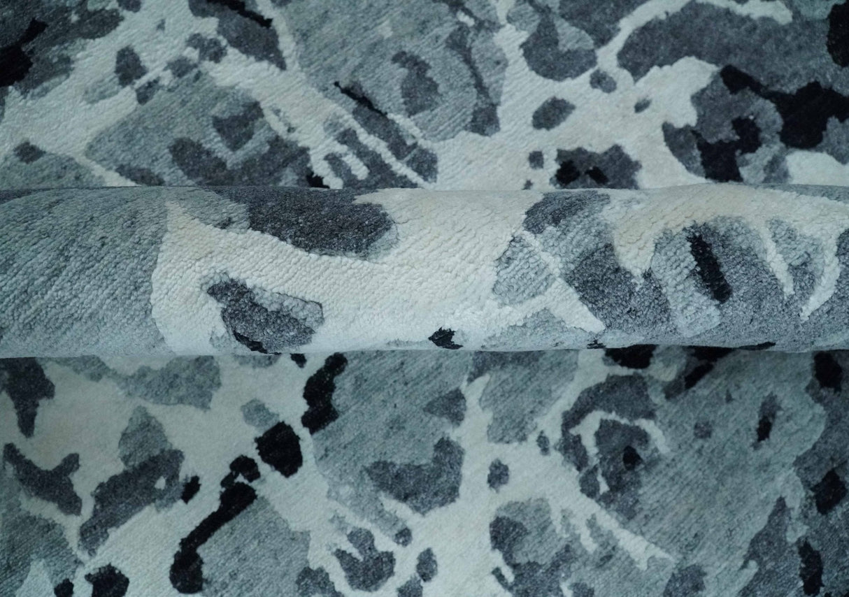 Modern Abstract Hand Knotted 8x10 Ivory, Gray, Charcoal and Black Wool and Blended Silk Area Rug
