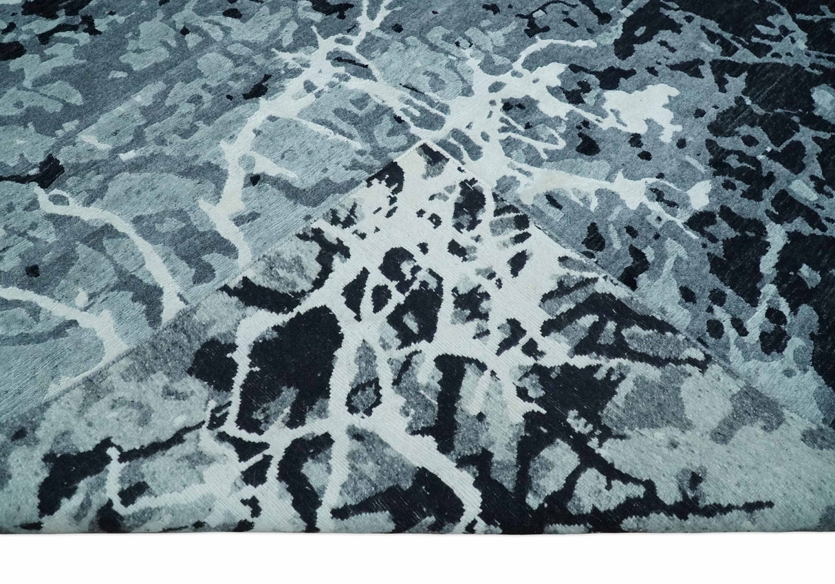 Modern Abstract Hand Knotted 8x10 Ivory, Gray, Charcoal and Black Wool and Blended Silk Area Rug