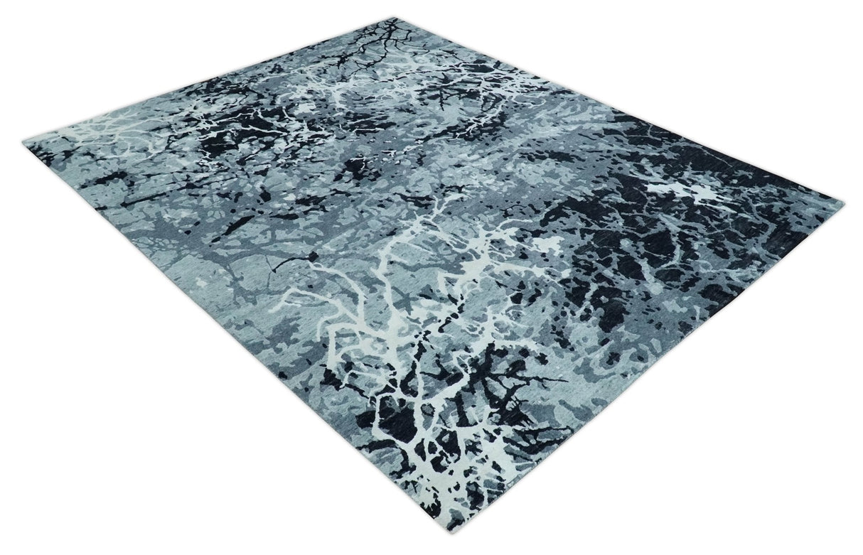 Modern Abstract Hand Knotted 8x10 Ivory, Gray, Charcoal and Black Wool and Blended Silk Area Rug