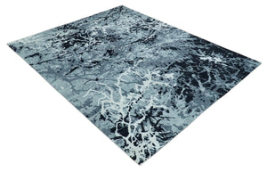 Modern Abstract Hand Knotted 8x10 Ivory, Gray, Charcoal and Black Wool and Blended Silk Area Rug