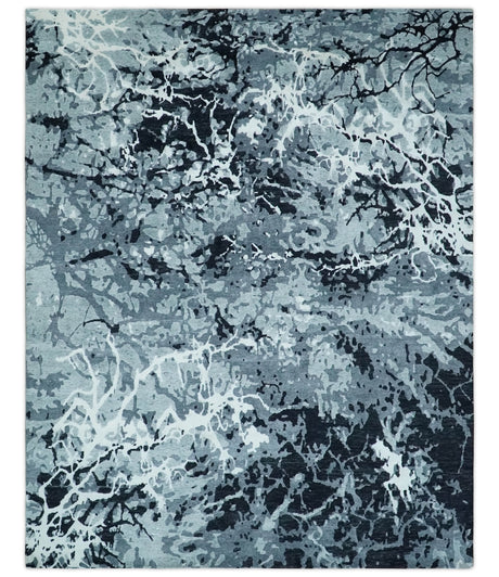 Modern Abstract Hand Knotted 8x10 Ivory, Gray, Charcoal and Black Wool and Blended Silk Area Rug