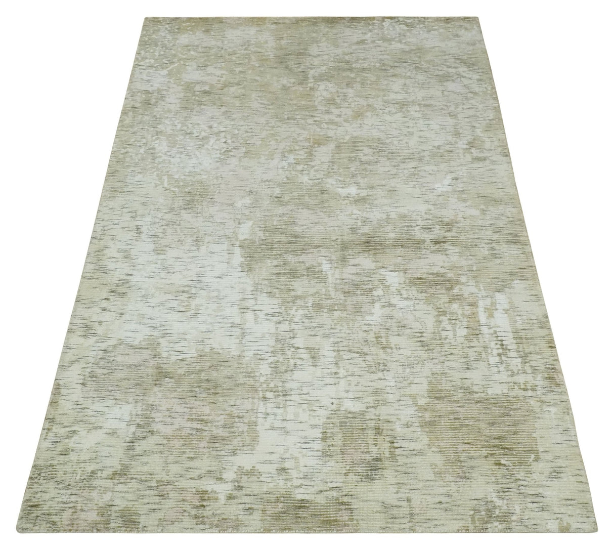 Modern Abstract Ivory, Green and Charcoal 5x8 Hand loom Wool and Viscose Area Rug