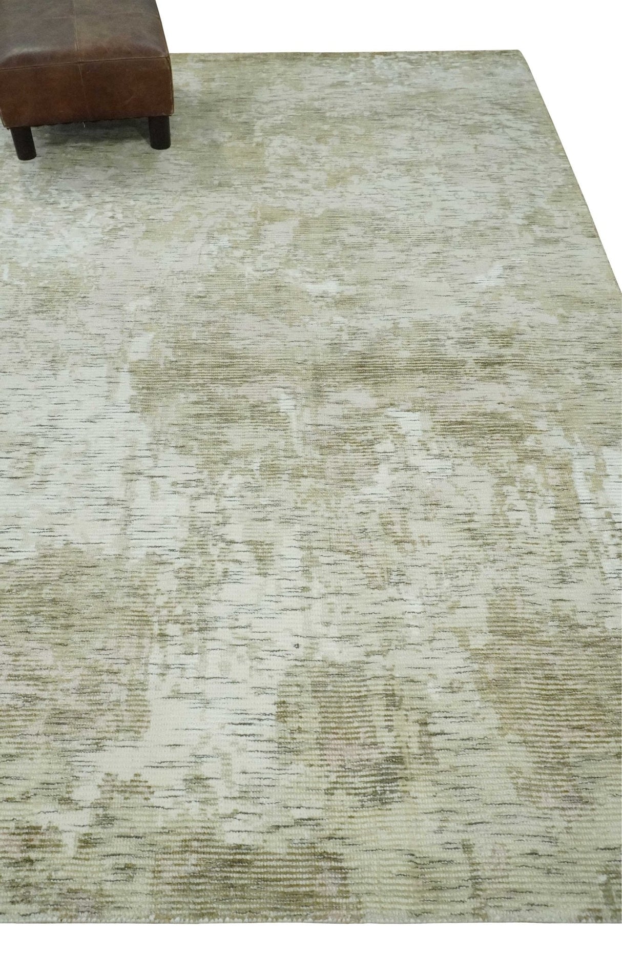 Modern Abstract Ivory, Green and Charcoal 5x8 Hand loom Wool and Viscose Area Rug