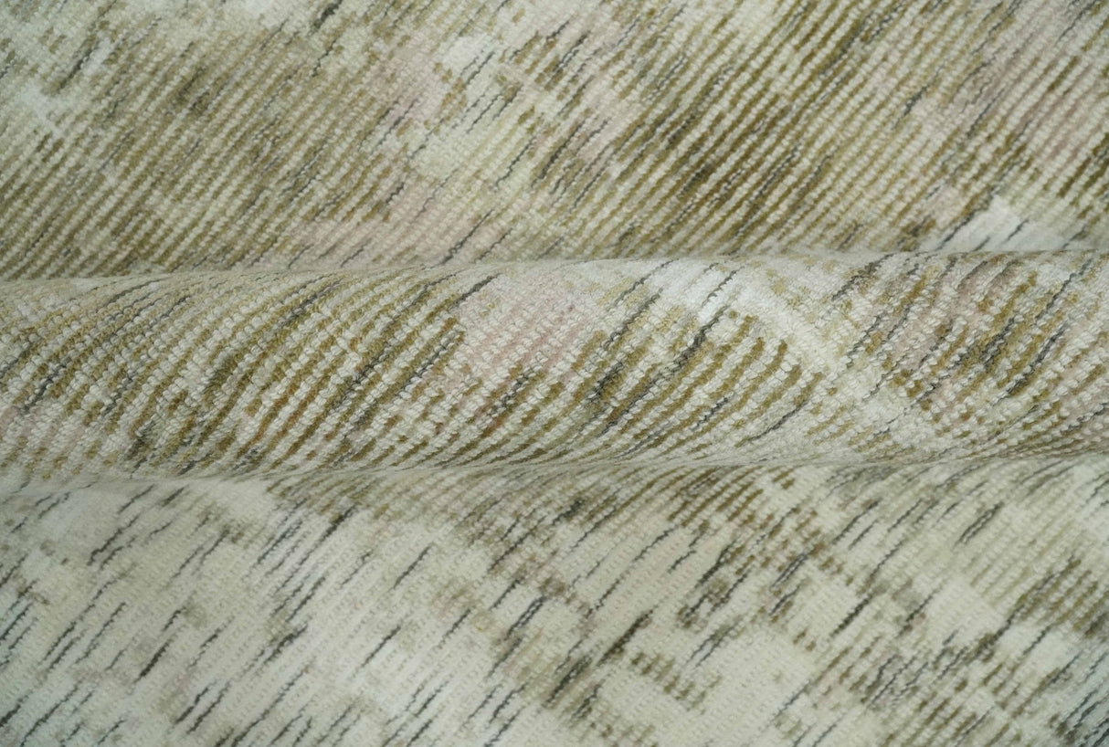 Modern Abstract Ivory, Green and Charcoal 5x8 Hand loom Wool and Viscose Area Rug