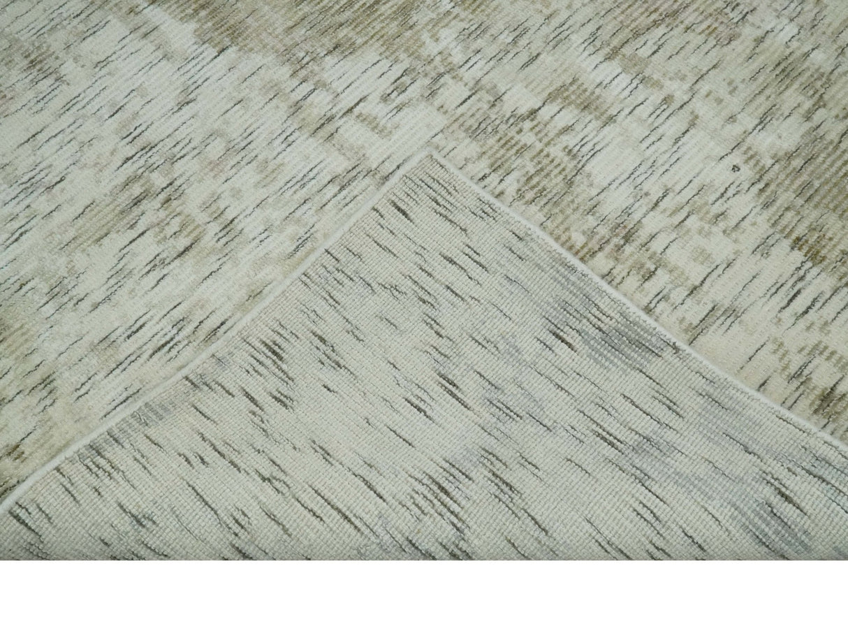 Modern Abstract Ivory, Green and Charcoal 5x8 Hand loom Wool and Viscose Area Rug