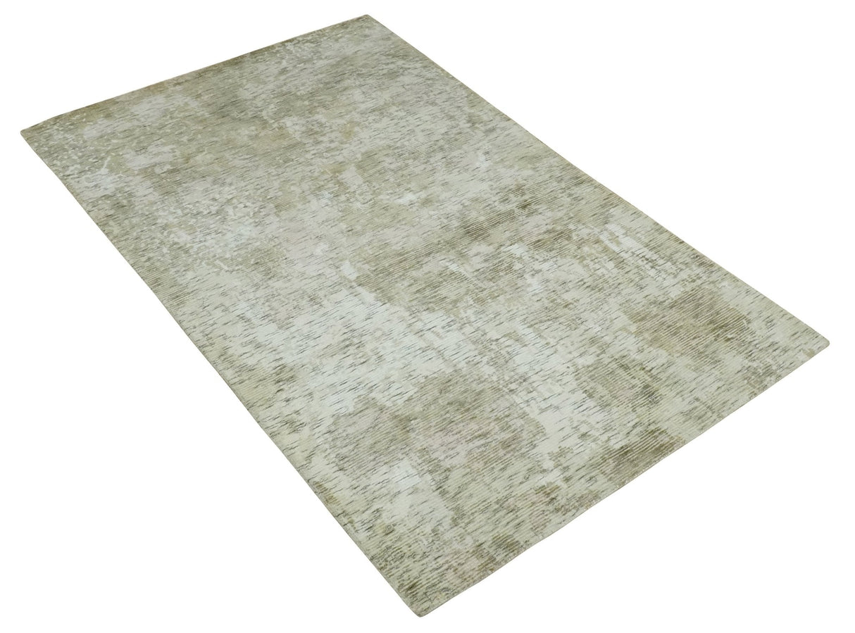 Modern Abstract Ivory, Green and Charcoal 5x8 Hand loom Wool and Viscose Area Rug