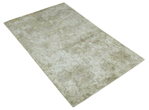 Modern Abstract Ivory, Green and Charcoal 5x8 Hand loom Wool and Viscose Area Rug