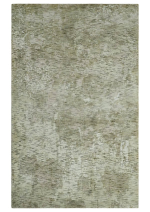Modern Abstract Ivory, Green and Charcoal 5x8 Hand loom Wool and Viscose Area Rug