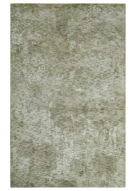 Modern Abstract Ivory, Green and Charcoal 5x8 Hand loom Wool and Viscose Area Rug