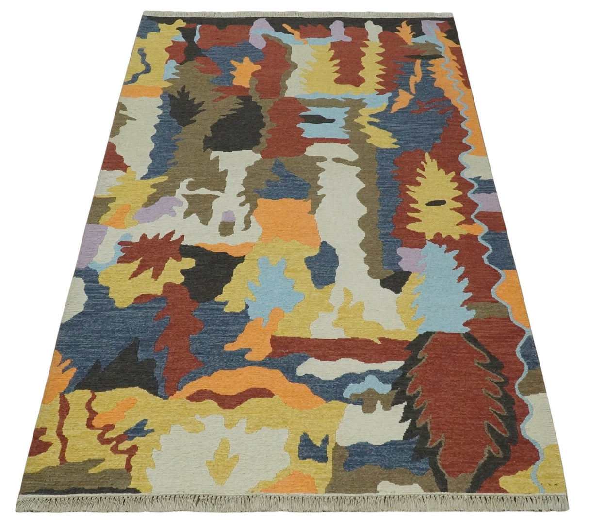 Modern Abstract Look Multi Color 5x8 Hand Woven Soumak Dhurrie Wool Area Rug