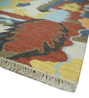 Modern Abstract Look Multi Color 5x8 Hand Woven Soumak Dhurrie Wool Area Rug