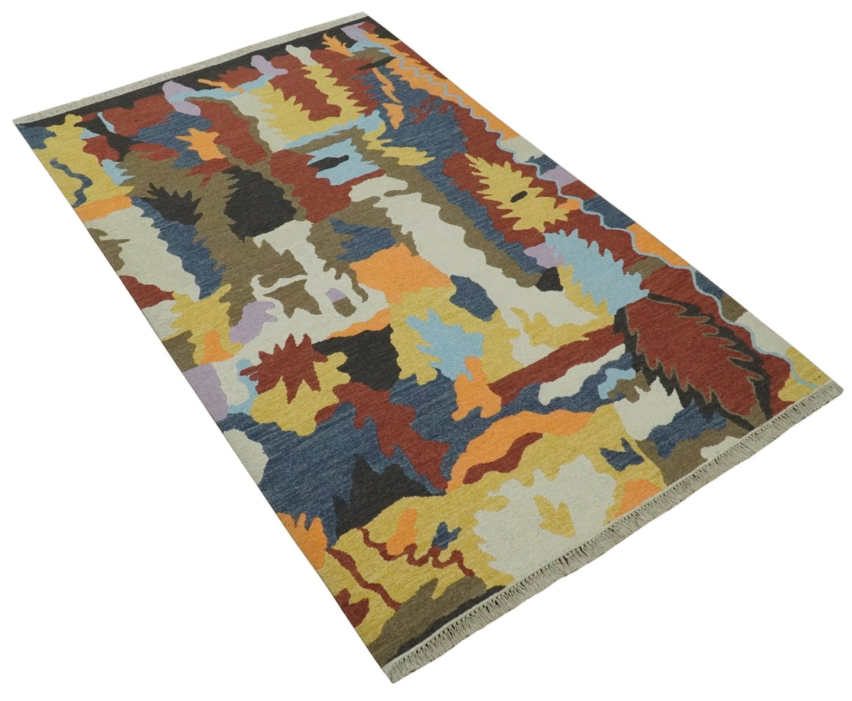 Modern Abstract Look Multi Color 5x8 Hand Woven Soumak Dhurrie Wool Area Rug