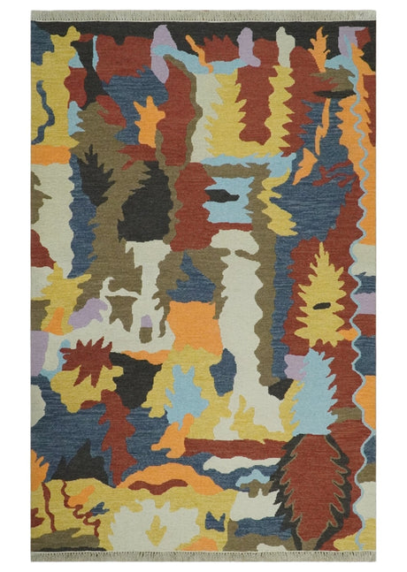 Modern Abstract Look Multi Color 5x8 Hand Woven Soumak Dhurrie Wool Area Rug