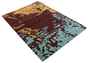 Modern Abstract Maroon, Gold and Aqua Hand loom 5x7 wool and Viscose Area Rug