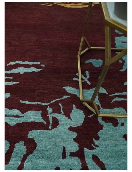 Modern Abstract Maroon, Gold and Aqua Hand loom 5x7 wool and Viscose Area Rug