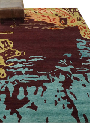 Modern Abstract Maroon, Gold and Aqua Hand loom 5x7 wool and Viscose Area Rug