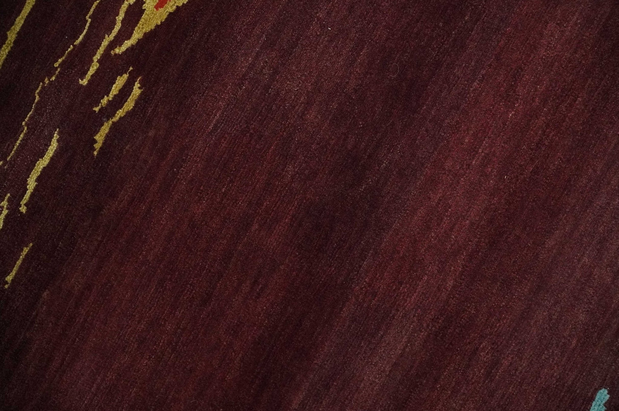 Modern Abstract Maroon, Gold and Aqua Hand loom 5x7 wool and Viscose Area Rug