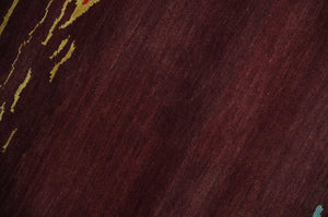 Modern Abstract Maroon, Gold and Aqua Hand loom 5x7 wool and Viscose Area Rug