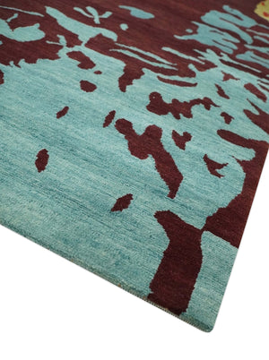 Modern Abstract Maroon, Gold and Aqua Hand loom 5x7 wool and Viscose Area Rug