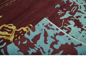 Modern Abstract Maroon, Gold and Aqua Hand loom 5x7 wool and Viscose Area Rug