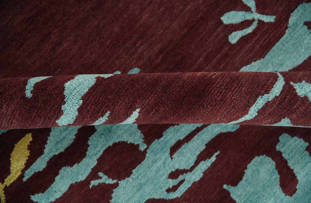 Modern Abstract Maroon, Gold and Aqua Hand loom 5x7 wool and Viscose Area Rug