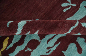 Modern Abstract Maroon, Gold and Aqua Hand loom 5x7 wool and Viscose Area Rug