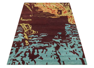 Modern Abstract Maroon, Gold and Aqua Hand loom 5x7 wool and Viscose Area Rug