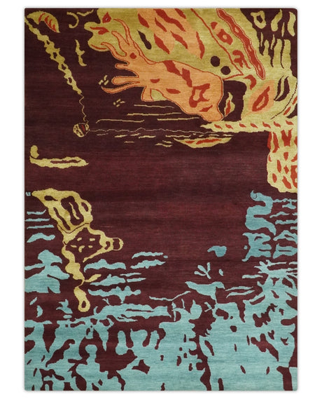 Modern Abstract Maroon, Gold and Aqua Hand loom 5x7 wool and Viscose Area Rug