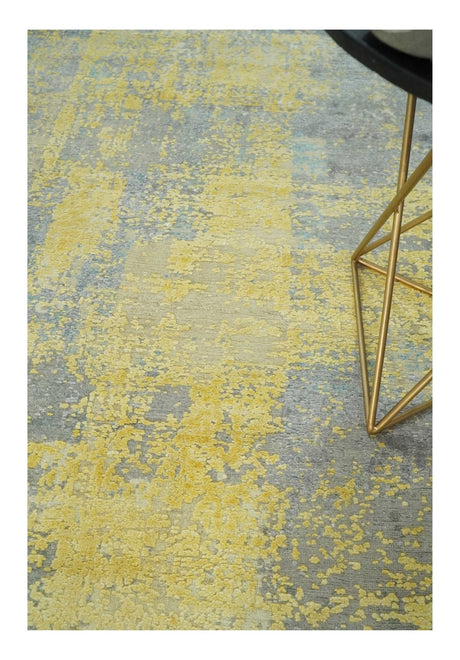 Modern Abstract Mustard, Gray, Teal and Ivory texture Hand Knotted 8x10 wool and Art Silk area rug