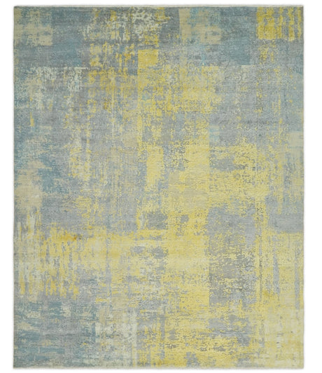 Modern Abstract Mustard, Gray, Teal and Ivory texture Hand Knotted 8x10 wool and Art Silk area rug