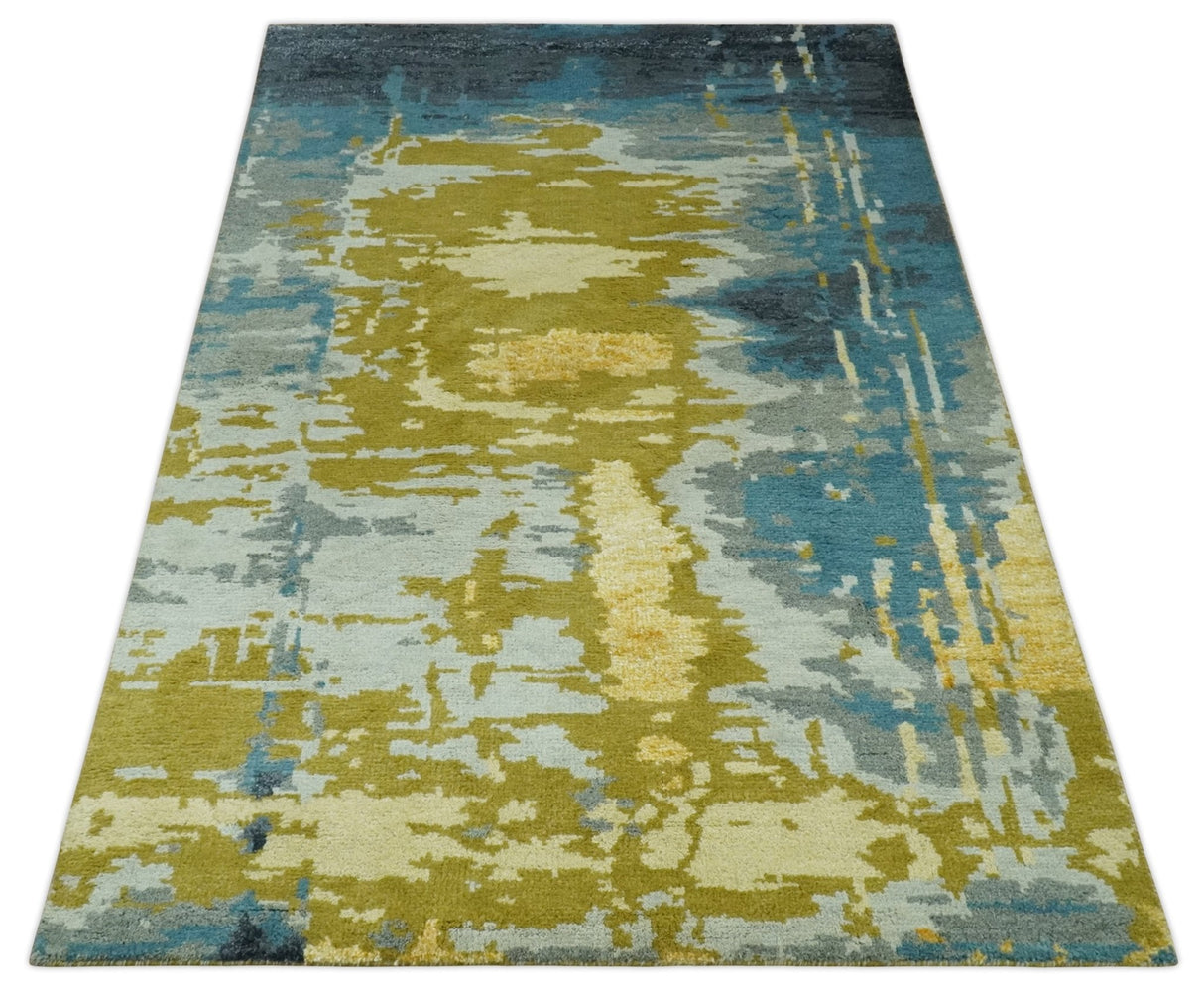 Modern Abstract Olive, Silver, Blue and Charcoal 5x8 Hand Knotted wool Area Rug