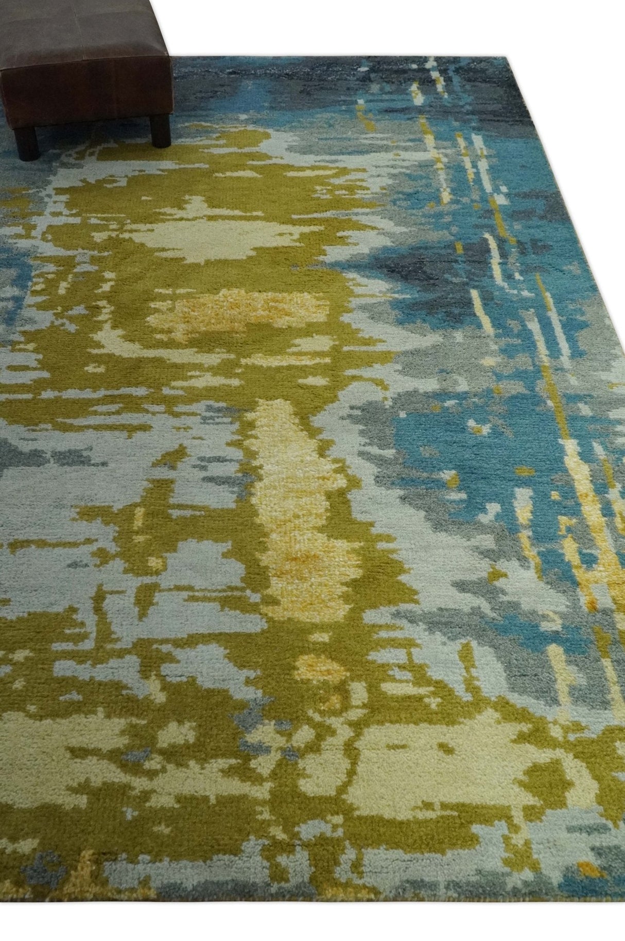 Modern Abstract Olive, Silver, Blue and Charcoal 5x8 Hand Knotted wool Area Rug