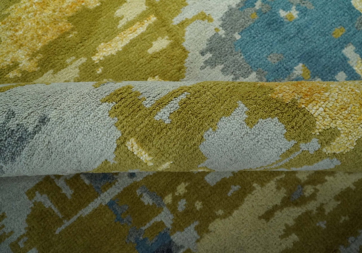 Modern Abstract Olive, Silver, Blue and Charcoal 5x8 Hand Knotted wool Area Rug